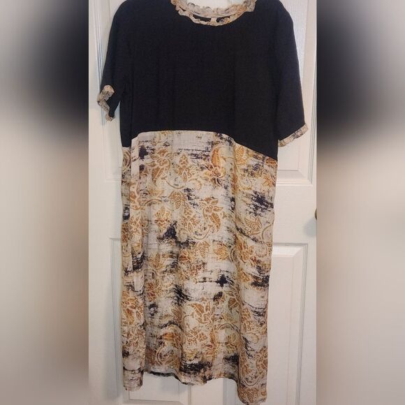 Unbranded L Black Beige Cotton Shrtslv Floral Pattern Bohamian Women Midi Dress - Picture 1 of 9